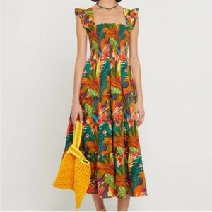 O.P.T. Calypso Tropical Print Smocked Midi Dress